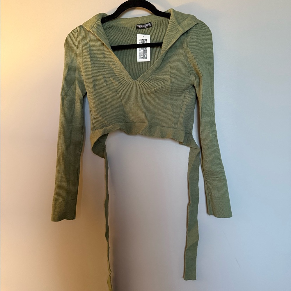 Green Ribbed Long Sleeve Wrap Top